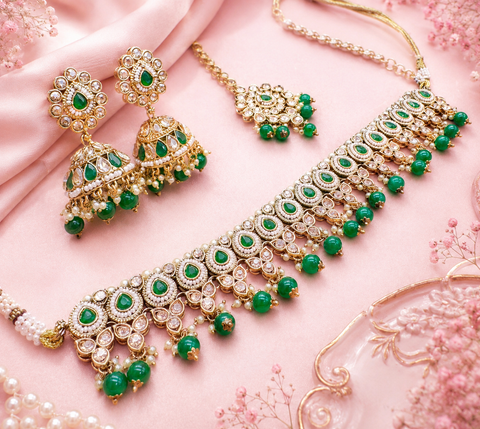 Original Polki stone with pearls beaded work beautiful necklace with earrings and tikka set
