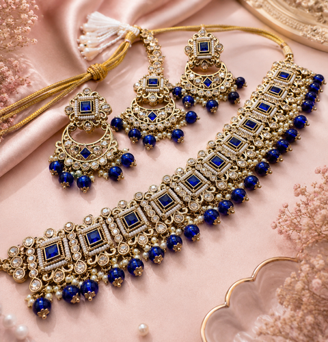 Original Polki stone with pearls beaded work beautiful necklace with earrings and tikka set