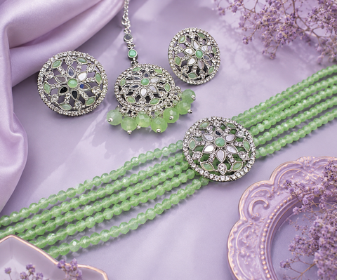 Mirrors with Jerkan fine stone with pearls beaded choker set with beautiful studs & tikka