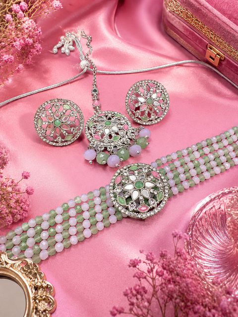Mirrors with Jerkan fine stone with pearls beaded choker set with beautiful studs & tikka