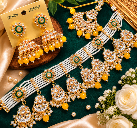 Kundan stone with pearls beaded choker set with beautiful earrings & tikka