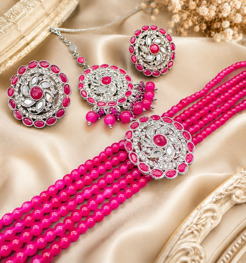 Jerkan fine stone with pearls beaded choker set with beautiful studs & tikka