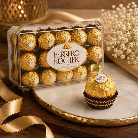 Ferrero Rocher Chocolate – Premium Ferrero Rocher chocolates with their signature crispy wafer, creamy hazelnut filling, and rich milk chocolate coating. Price per chocolate.
