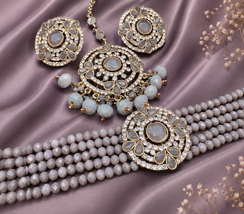 Jerkan fine stone with pearls beaded choker set with beautiful studs & tikka