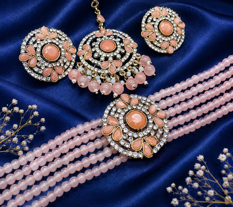 Jerkan fine stone with pearls beaded choker set with beautiful studs & tikka