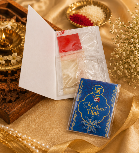 Tilak Pack – A traditional Rakhi Tilak Pack with kumkum, rice, and essentials for the auspicious Raksha Bandhan ceremony. Price is per pack