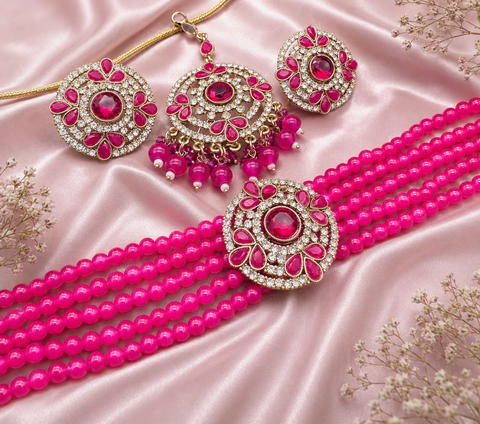 Jerkan fine stone with pearls beaded choker set with beautiful studs & tikka