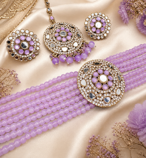 Mirrors with Jerkan fine stone with pearls beaded choker set with beautiful studs & tikka