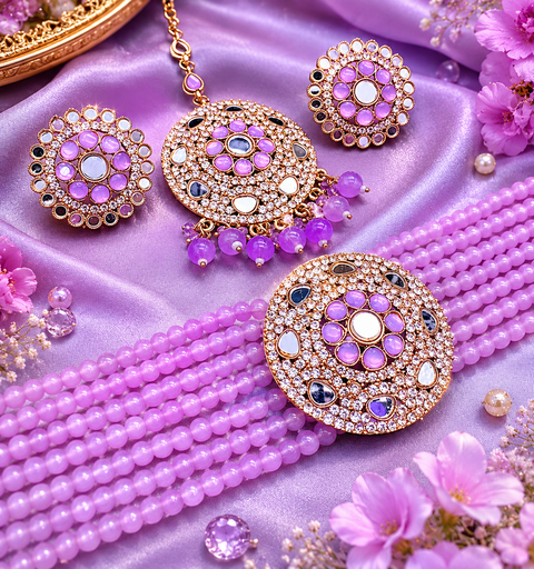 Mirrors with Jerkan fine stone with pearls beaded choker set with beautiful studs & tikka