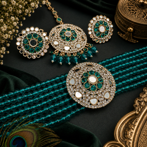 Mirrors with Jerkan fine stone with pearls beaded choker set with beautiful studs & tikka