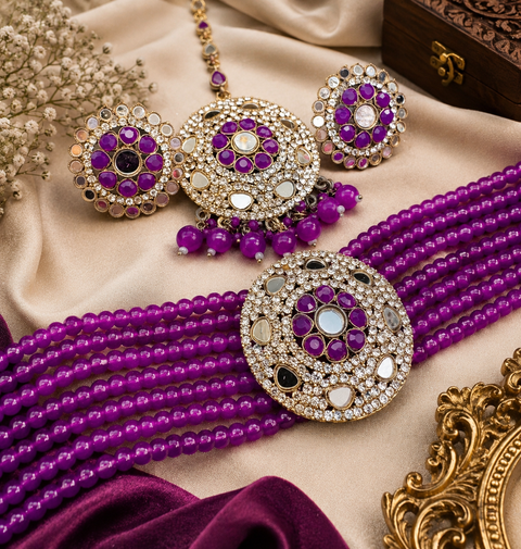 Mirrors with Jerkan fine stone with pearls beaded choker set with beautiful studs & tikka