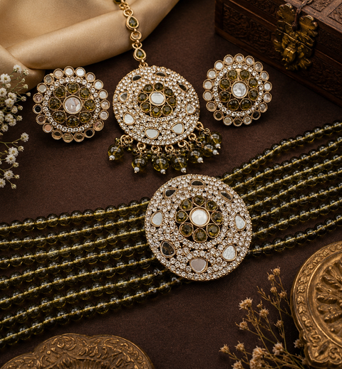 Mirrors with Jerkan fine stone with pearls beaded choker set with beautiful studs & tikka