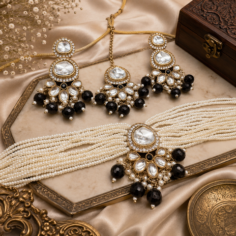 Kundan stone with pearls beaded choker set with beautiful earrings & tikka