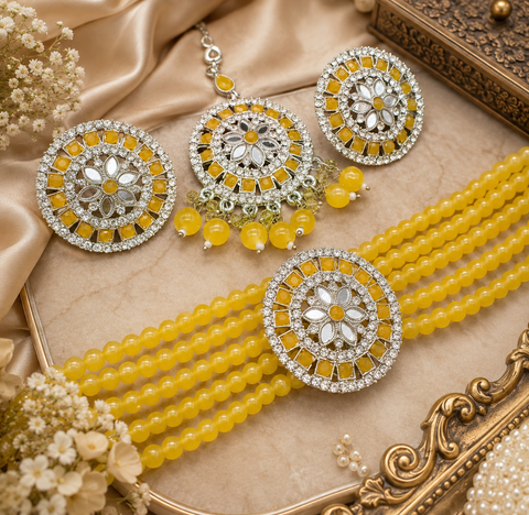 Beautiful jerkan stones and mirror work choker set with beautiful studs & Tikka
