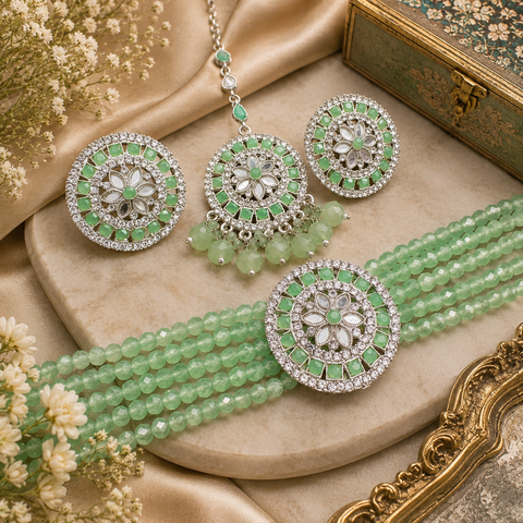 Beautiful jerkan stones and mirror work choker set with beautiful studs & Tikka