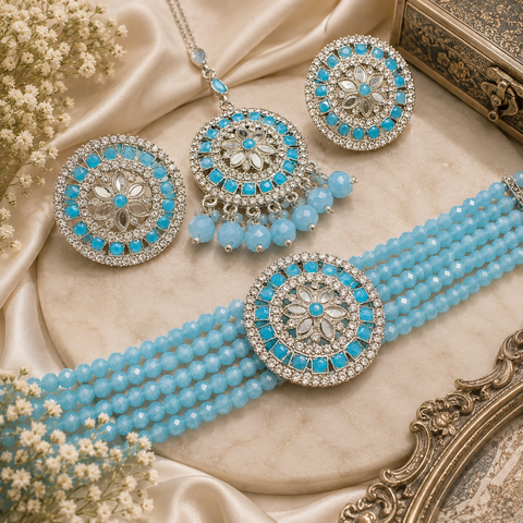 Beautiful jerkan stones and mirror work choker set with beautiful studs & Tikka