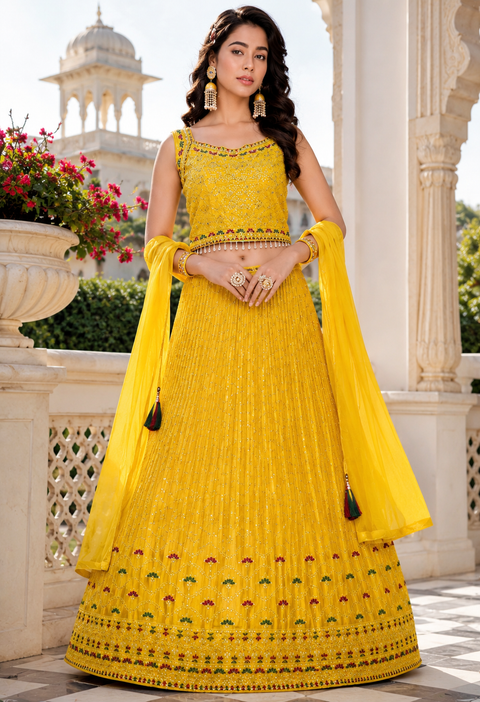 Georgette based embroidery with sequins work crop top designer blouse with lehnga and Georgette dupatta(slight variation in color and design is possible )