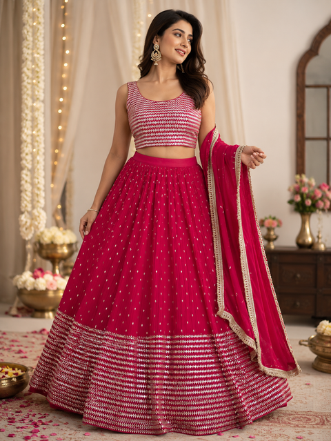 Georgette based embroidery with sequins work crop top designer blouse with lehnga and Georgette dupatta ( slight variations in color and design is possible)