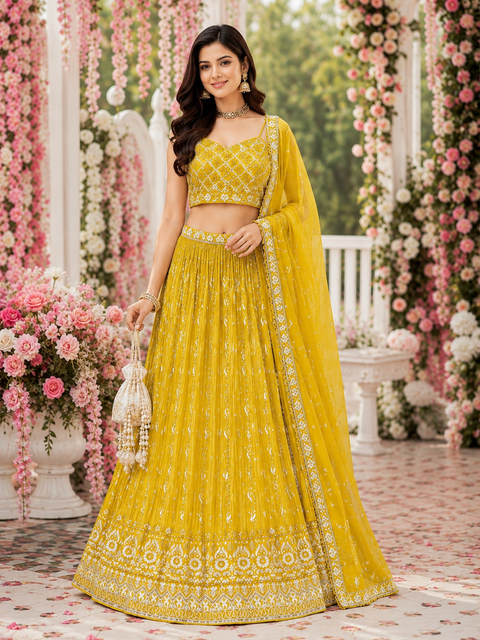 Georgette based embroidery with hand work crop top designer blouse with lehnga and Georgette dupatta ( slight variations in color and design is possible)