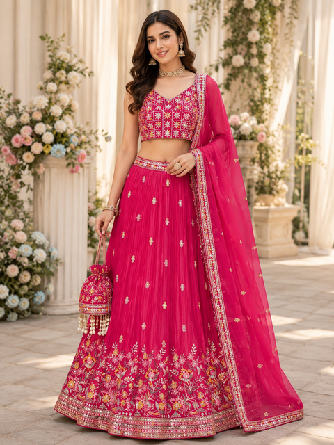 Georgette based embroidery with hand work crop top designer blouse with lehnga and Georgette dupatta ( slight variations in color and design is possible)