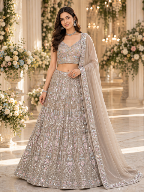 Heavy hand work designer stylish Blouse with very very heavy flared netting based  princess style lehnga and dupatta (slight variations in colour and design is possible)