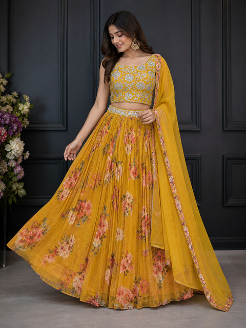 Georgette based embroidery with hand work crop top designer blouse with lehnga and Georgette netting dupatta (slight variations in color and design is possible)