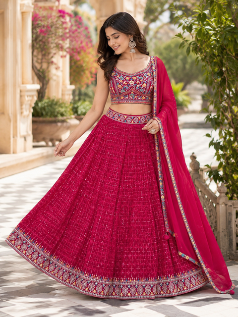 Georgette based embroidery with hand work crop top designer blouse with lehnga and Georgette dupatta ( slight variations in color and design is possible)