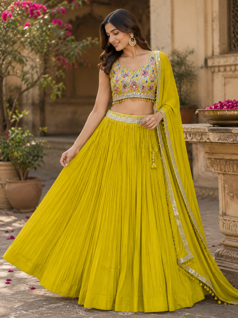 Georgette based embroidery with hand work crop top designer blouse with lehnga and Georgette dupatta (slight variations in color and design is possible)