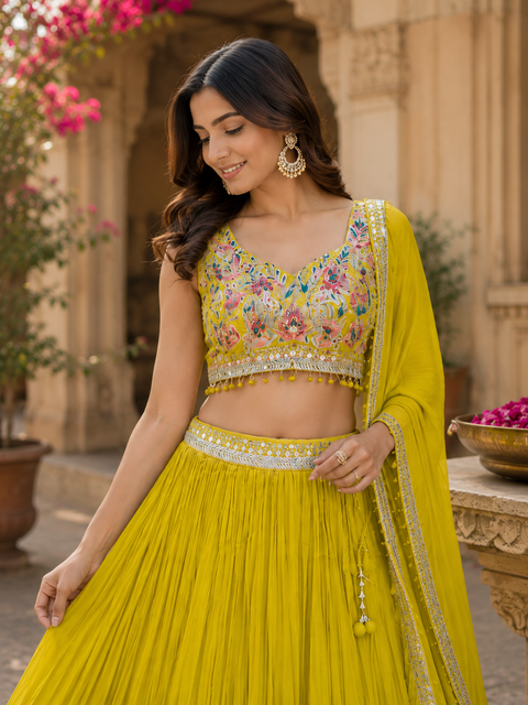 Georgette based embroidery with hand work crop top designer blouse with lehnga and Georgette dupatta (slight variations in color and design is possible)