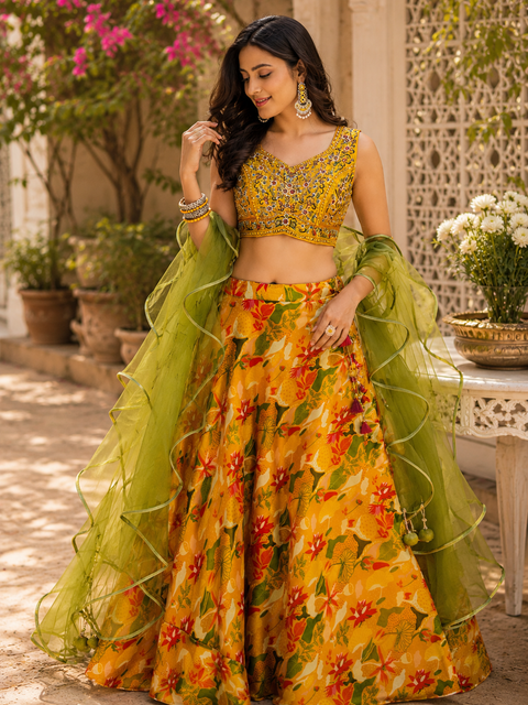 Chinnon based Designer embroidery works crop top blouse with soft organza floral print lehnga with netting dupatta (slight variation in color and design is possible)