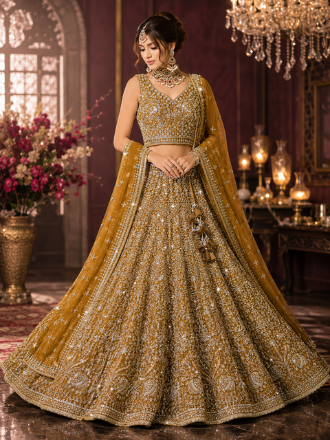 Stylish hand work heavy design crop top blouse with heavy work multiflared lehnga and netting dupatta (slight variations in color and design is possible)