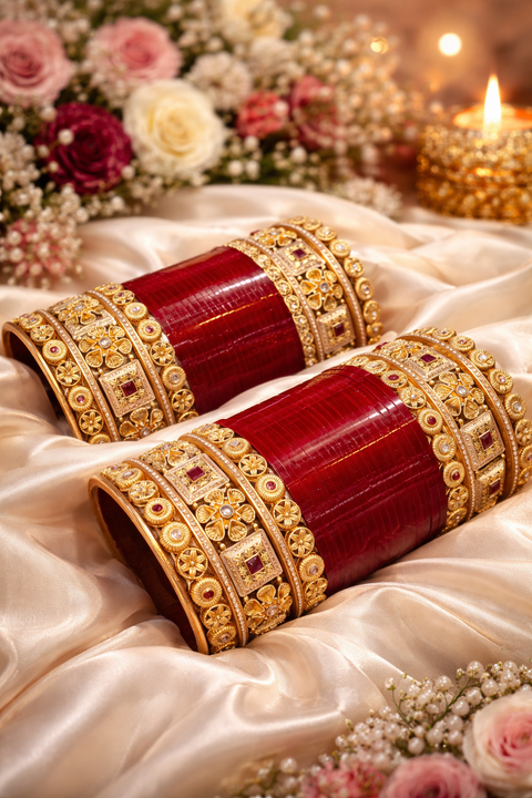 High-quality finish with rich Maroon  bangles, detailed gold carving, pearl edging, and stone accents. Durable, elegant, and made for a long-lasting bridal shine
