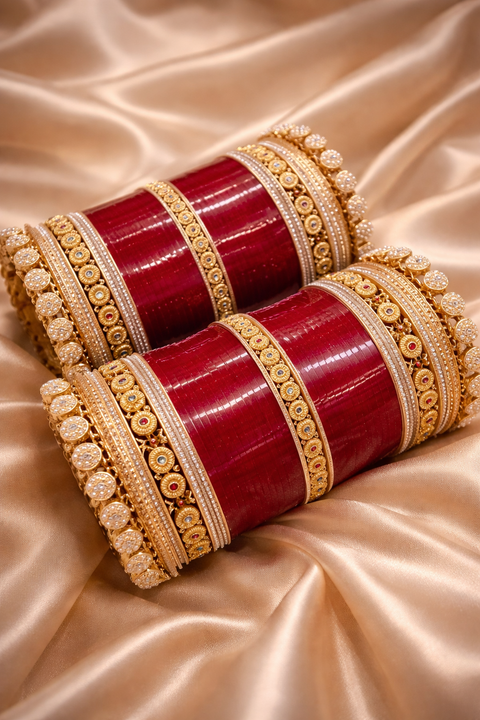 This bridal bangle set features intricate elephant motifs, symbolizing tradition and royal elegance, combined with fine gold detailing, colorful stone accents, and a rich red base—creating a majestic and culturally inspired bridal look.