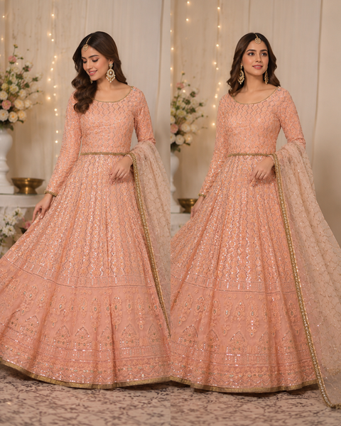 Georgette based lakhnavi embroidery work with sequins work all over lehnga and crop top designer blouse and Georgette sequined dupatta (slight variations in color and design is possible)