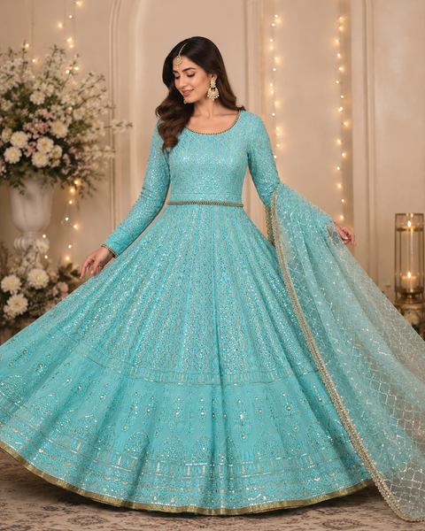 Georgette based lakhnavi embroidery work with sequins work all over lehnga and crop top designer blouse and Georgette sequined dupatta (slight variations in color and design is possible)