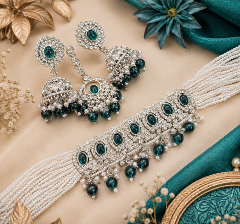 Beautiful silver jerkan stones and white pearls work classy choker set with beautiful earrings & Tikka