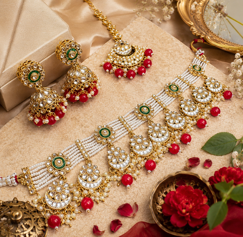 Red Beautiful Kundan and pearls work classy choker set with beautiful earrings & Tikka