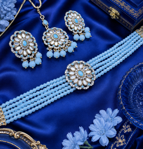 Jerkan stone with mirror work beautiful choker necklace with big studs and tikka set