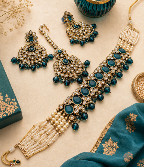 Original Polki big stone with pearls beaded heavy work classy choker necklace with earrings and tikka set(slight variation in color and design is possible )