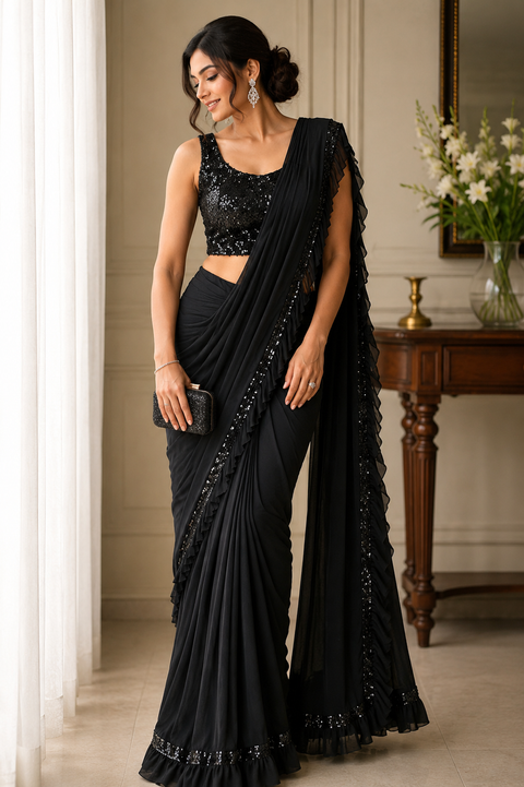 Size 38( Upto 40) Sequinned work designer readymade blouse with Readymade Saree(slight variation in color and design is possible)