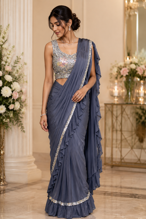 Size 38( Upto 40) Sequinned work designer readymade blouse with Readymade Saree(slight variation in color and design is possible)