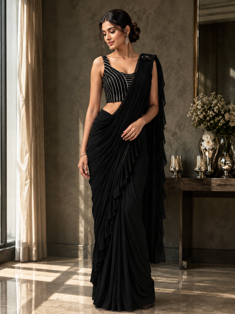 Size 38 (Upto 40)stone work designer readymade blouse with Readymade Saree(slight variation in color and design is possible )