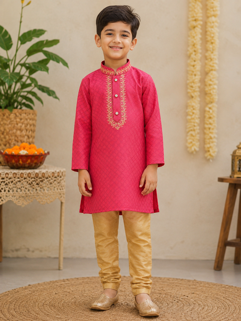 Kids Pink Kurta Pajama Set – Comfortable festive wear with golden pajama, perfect for weddings and celebrations. Slight color and design variation may be possible.