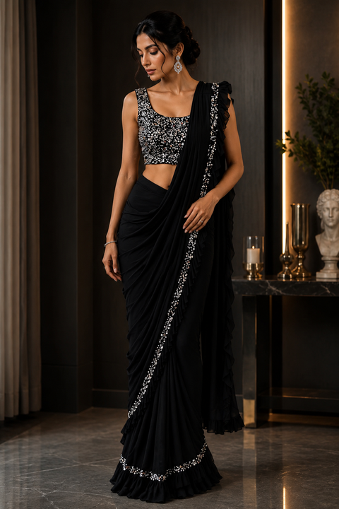Size 38(upto 40) Black colour velvet based sequined readymade blouse with readymade Black colour saree(slight variation in color and design is possible)