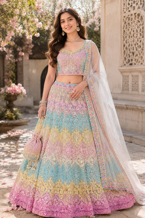 (Video Clip attached ) Heavy hand work designer stylish Blouse with very very heavy flared netting based  princess style lehnga and dupatta(slight variation in color and design is possible)