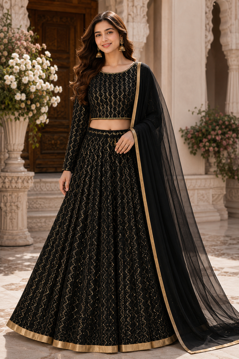 Georgette based lakhnavi embroidery work with sequins work all over lehnga and crop top designer blouse and Georgette sequined dupatta