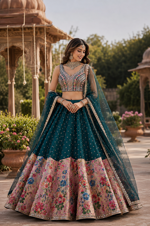 (Video clip attached)Designer handwork crop top blouse with Banarasi Silk heavy flared floral print lehnga with handwork netting dupatta(slight variation in color and design is possible)