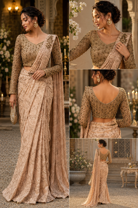 Luxury Ready-to-Wear Rose Gold Beige Saree paired with a heavily handworked full-sleeve blouse, showcasing intricate handcrafted embellishments, premium floral detailing, and effortless elegance for every special occasion(slight variation is possible)