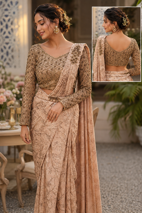 Luxury Ready-to-Wear Rose Gold Beige Saree paired with a heavily handworked full-sleeve blouse, showcasing intricate handcrafted embellishments, premium floral detailing, and effortless elegance for every special occasion(slight variation is possible)