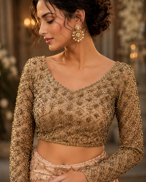 Luxury Ready-to-Wear Rose Gold Beige Saree paired with a heavily handworked full-sleeve blouse, showcasing intricate handcrafted embellishments, premium floral detailing, and effortless elegance for every special occasion(slight variation is possible)